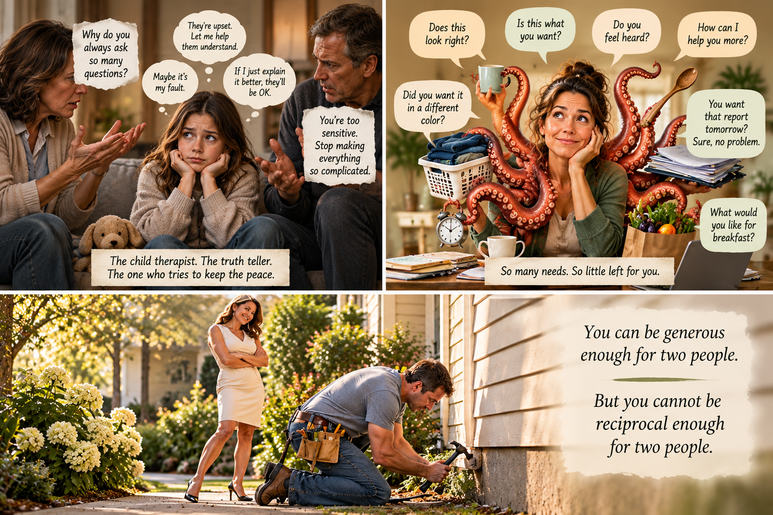 A four-panel collage showing the many faces of over-giving: a child therapist and peacekeeper, a person juggling other people’s needs, a woman waiting while a partner works, and a reminder that generosity cannot substitute for reciprocity.